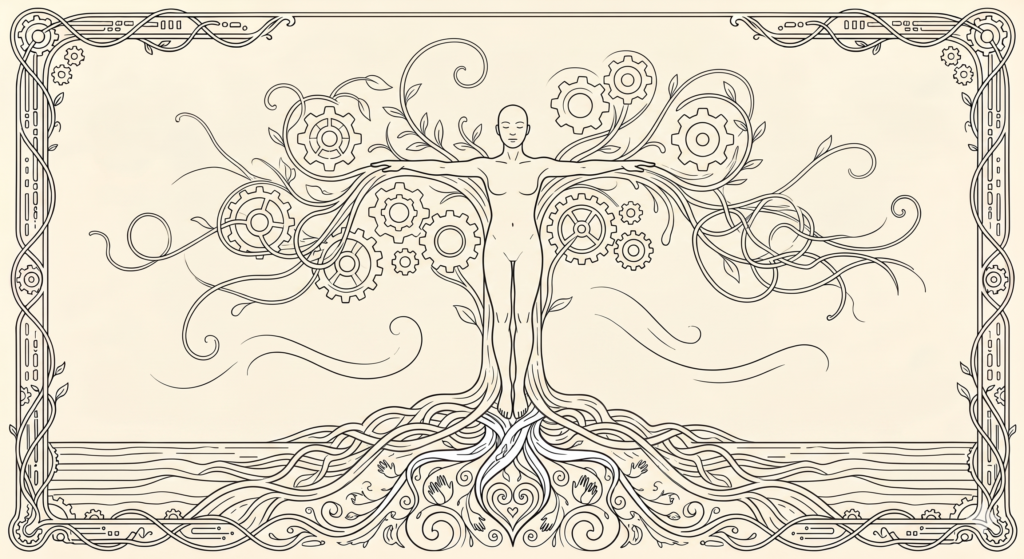 A Árvore da Vida Sintética: O Perfil T-Shaped Humano-Máquinaraízes profundamente entrelaçadas na empatia e profundidade humana.