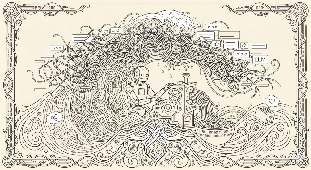 Uma ilustração intrincada e detalhada de arte de linha monocromática, no estilo de uma gravura, com uma borda ornamentada de videiras, engrenagens e corações. No centro, um robô humanoide de estilo sci-fi clássico está sentado em uma mesa mecânica complexa, operando-a ativamente. A máquina gera um imenso e avassalador tsunami de fios emaranhados e linhas que inunda o fundo superior. Dentro dessa enxurrada, há vários ícones de mídia social e comunicação: bolhas de chat, símbolos de compartilhamento, ícones de curtir, símbolos de e-mail, pastas de arquivos e uma caixa claramente rotulada "LLM". Padrões em espiral de código binário, filigrana, engrenagens e corações cobrem o chão inferior. À direita, um eletrodoméstico torradeira mecânica e uma pilha de pastas de arquivos são visíveis entre fluxos de dados. À esquerda, outra pasta de arquivos com um ícone de compartilhamento e um pequeno terminal são vistos.