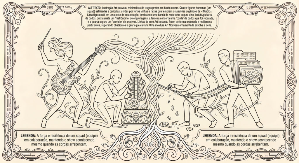 O maestro humano regendo a tecnologia com ordem e profundidade técnica, em harmonia com a empatia e o contexto.