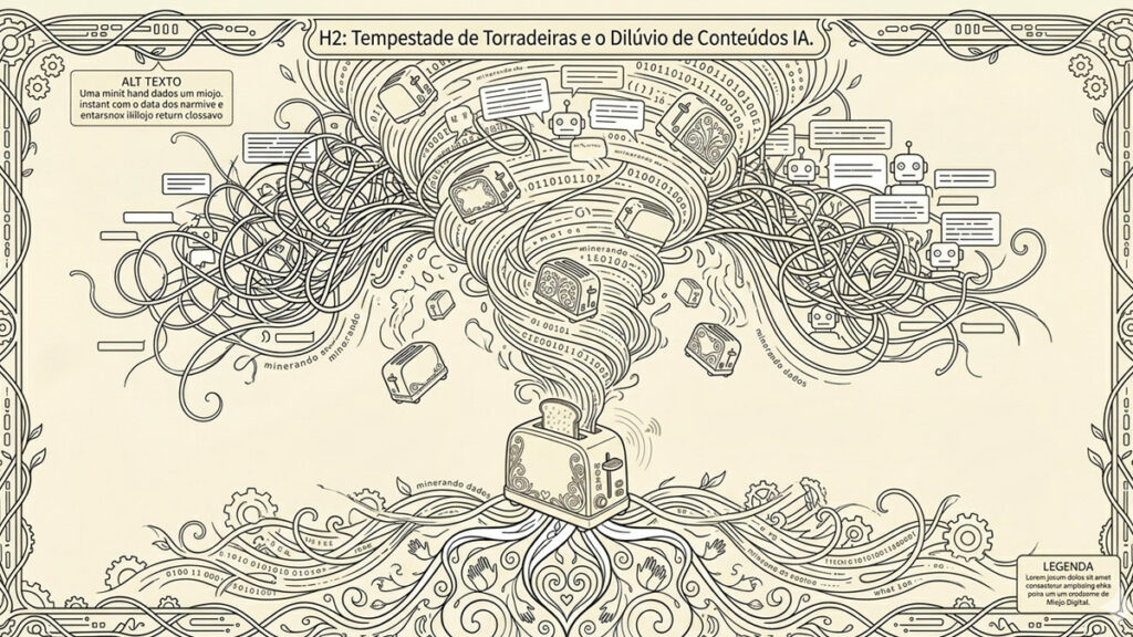 Uma ilustração monocromática intrincada e detalhada de linha, em estilo Art Nouveau/Vitoriano com traços pretos em um fundo creme, tudo dentro de uma moldura decorativa de engrenagens, videiras e corações. No centro inferior, uma torradeira elétrica ornamentada expele um poderoso vórtice ascendente de fumaça e luz. Do vórtice voam fatias de pão que se transformam em telas de computador antigas e modernas, exibindo código binário, misturando-se com engrenagens, componentes mecânicos e fluxos densos e entrelaçados de códigos, linhas e dados. Pequenos robôs com olhos de câmera e antenas estão interconectados em todo o fluxo de dados. A base da torradeira está sentada sobre um emaranhado complexo de raízes, videiras, corações entrelaçados e mãos estilizadas que parecem sustentar o sistema. Engrenagens e fitas de dados/fita métrica com números estão misturadas na base. Quatro caixas de texto com rótulos e texto legível em português estão integradas: um título principal no topo central, e caixas de texto descritivo e de legenda nas laterais superiores e inferiores. O rótulo "minerando dados" é repetido nas raízes e linhas da base. Várias caixas de diálogo vazias e robôs estão entrelaçados nos fluxos de dados.