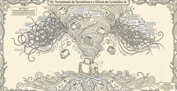 Uma ilustração monocromática intrincada e detalhada de linha, em estilo Art Nouveau/Vitoriano com traços pretos em um fundo creme, tudo dentro de uma moldura decorativa de engrenagens, videiras e corações. No centro inferior, uma torradeira elétrica ornamentada expele um poderoso vórtice ascendente de fumaça e luz. Do vórtice voam fatias de pão que se transformam em telas de computador antigas e modernas, exibindo código binário, misturando-se com engrenagens, componentes mecânicos e fluxos densos e entrelaçados de códigos, linhas e dados. Pequenos robôs com olhos de câmera e antenas estão interconectados em todo o fluxo de dados. A base da torradeira está sentada sobre um emaranhado complexo de raízes, videiras, corações entrelaçados e mãos estilizadas que parecem sustentar o sistema. Engrenagens e fitas de dados/fita métrica com números estão misturadas na base. Quatro caixas de texto com rótulos e texto legível em português estão integradas: um título principal no topo central, e caixas de texto descritivo e de legenda nas laterais superiores e inferiores. O rótulo "minerando dados" é repetido nas raízes e linhas da base. Várias caixas de diálogo vazias e robôs estão entrelaçados nos fluxos de dados.