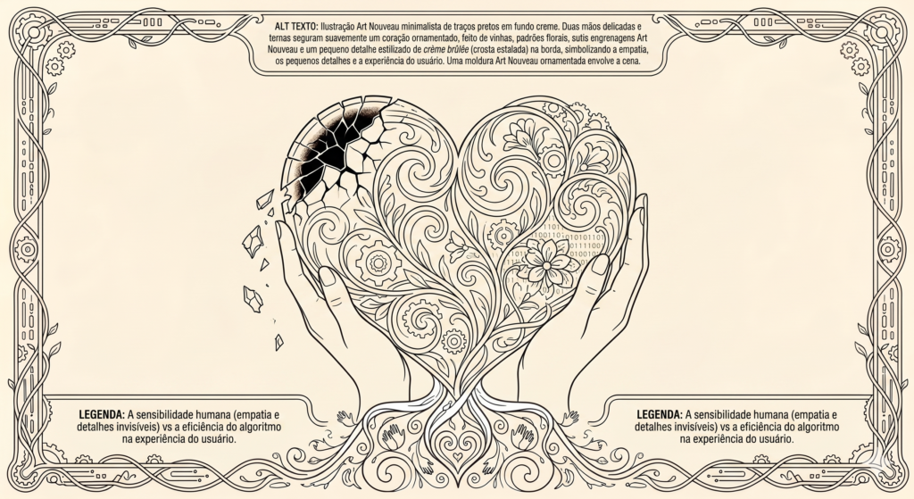 Ilustração Art Nouveau em traços pretos sobre fundo creme. Duas mãos delicadas sustentam um coração ornamentado que funde o orgânico e o tecnológico: de um lado, padrões florais e vinhas; do outro, engrenagens sutis e fluxos de código binário. No canto superior esquerdo, o coração apresenta uma textura de crosta estalada (referência ao crème brûlée). Na base, o coração se ramifica em raízes profundas e mãos entrelaçadas. Toda a cena é envolvida por uma moldura decorativa com arabescos botânicos e engrenagens.
