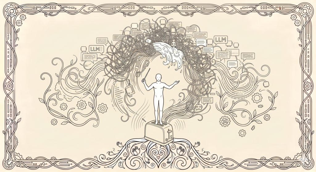 Uma ilustração em traço Art Nouveau de cor sépia e creme com uma borda ornamentada. No centro, uma figura nua andrógina está de pé sobre uma torradeira vitoriana. De seus braços abertos emana um fluxo caótico de linhas onduladas, videiras, engrenagens e centenas de bolhas de chat e caixas de diálogo contendo o texto 'LLM' e ícones de conversa. As bolhas de chat estão mais ordenadas perto da figura e mais emaranhadas no topo. Na base, raízes entrelaçadas, mãos estilizadas e um coração.