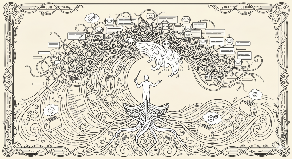 Inteligência Artificial vs Inteligência Humana. Uma onda gigante e caótica, composta não por água, mas por um emaranhado de ícones de robôs, torradeiras com balões de pensamento, fluxos de código e balões de chat (representando os LLMs). No centro da onda, uma figura humana pequena, mas serena, está em pé em um pequeno bote salva-vidas feito de raízes profundas (T-Shaped), segurando uma batuta de maestro, não sendo engolida pelo caos, mas observando-o estrategicamente. Uma moldura Art Nouveau ornamentada envolve a cena.