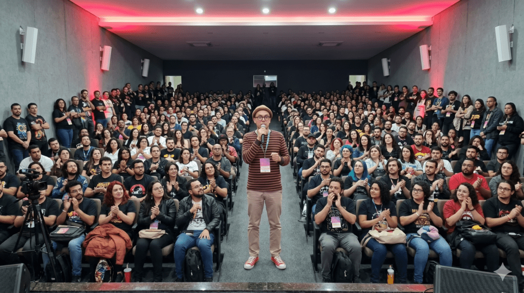Visão de um auditório lotado visto do palco. No centro, Romahs Mascarenhas, usando chapéu e camisa listrada, fala ao microfone para uma plateia atenta e diversificada. As pessoas estão sentadas em poltronas escuras em um ambiente de conferência com iluminação cênica vermelha no teto ao fundo, registrando um momento de grande adesão ao World Creative Day 2023 em Santarém.